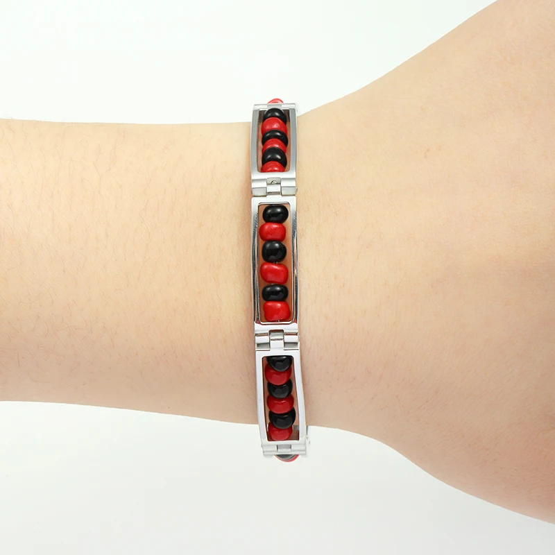 G&D 2023 New Exquisite Fashion Retro Arrival Stainless Steel Black And Red Color Bracelet Mix Beads Unisex Bangle For Women