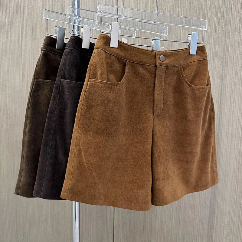 Genuine Sheepskin Suede Casual Shorts for Women 2026 Spring Fall High Waist Looose Female Suede Leather Wide-leg Short Pants