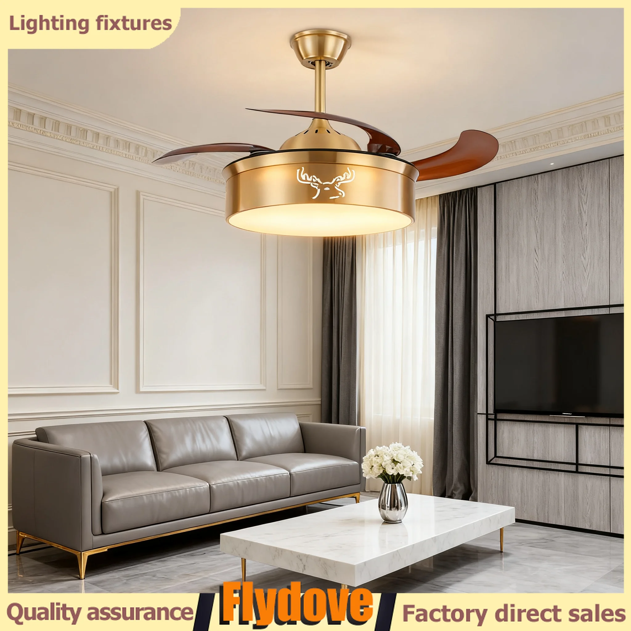 

New Fan-shaped Pendant Light Creative Bedroom Dining Room High Wind Frequency Conversion Copper Invisible Ceiling Fan Light 220V