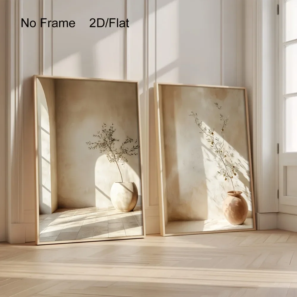 Canvas Painting 2pcs frameless  2D Flat,2pcs Frameless,Mediterranean Olive Branch and Terracotta Vase Wall,Neutral Beige Olive T