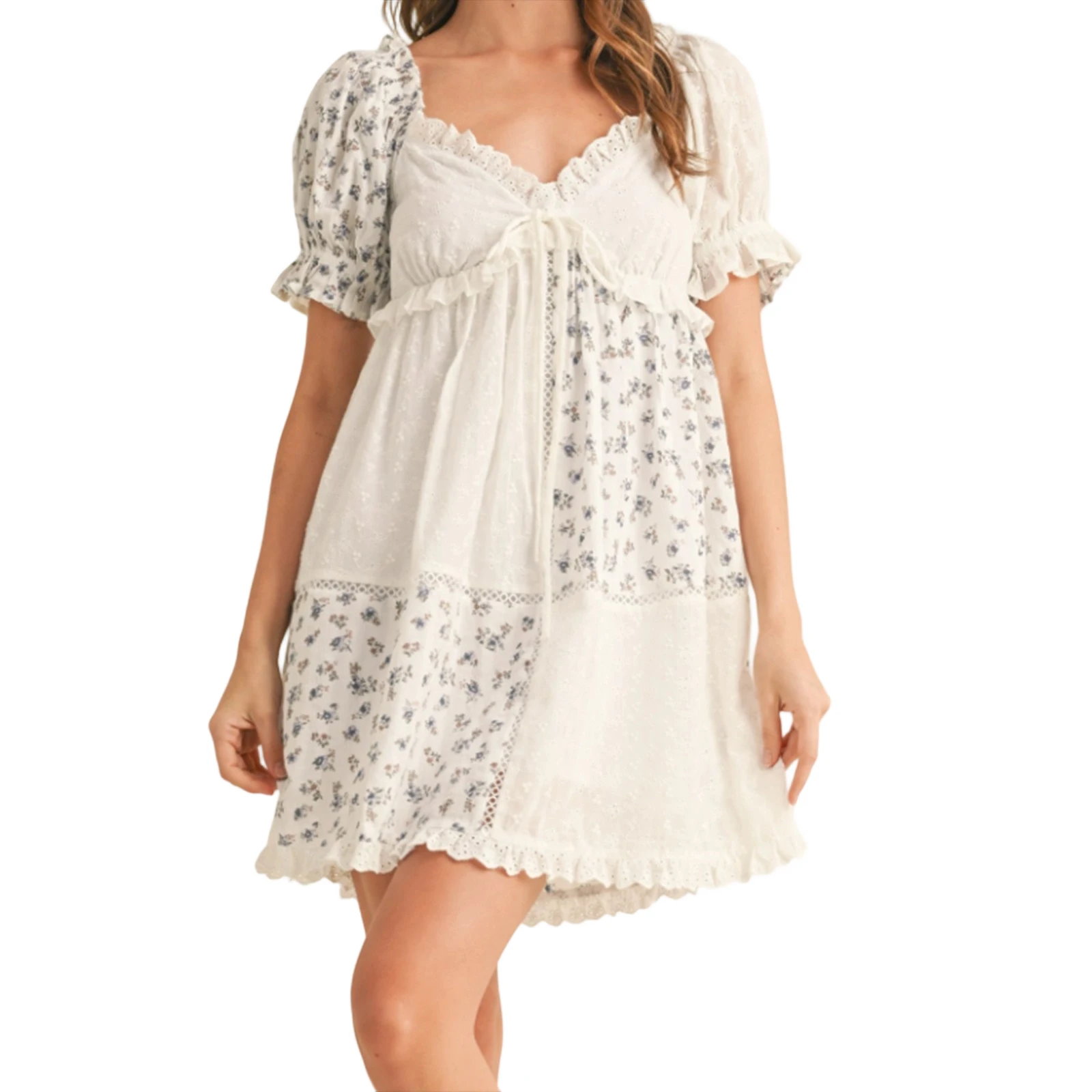 Vestido de maternidad con estampado floral para mujer, pajarita frontal, ribete con volantes, cuello en V, manga corta, minivestido de corte A para primavera y verano