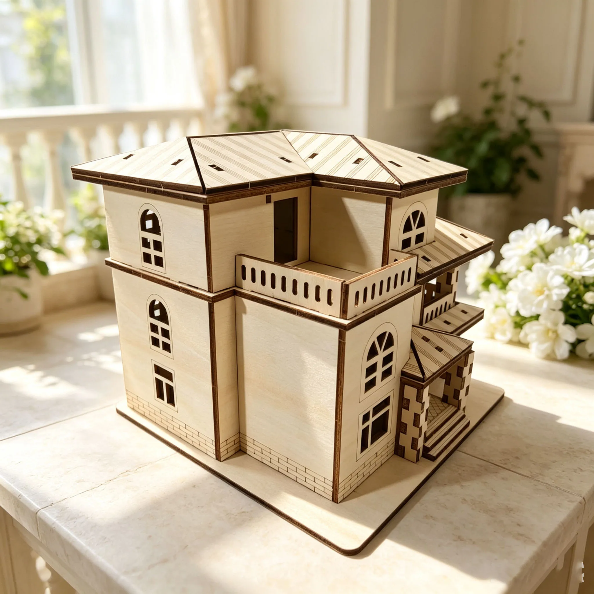 3D Wooden Villa Jigsaw Puzzle – European-style Two-Storey Building Model – Handmade DIY Construction Toy – Tabletop Decorations