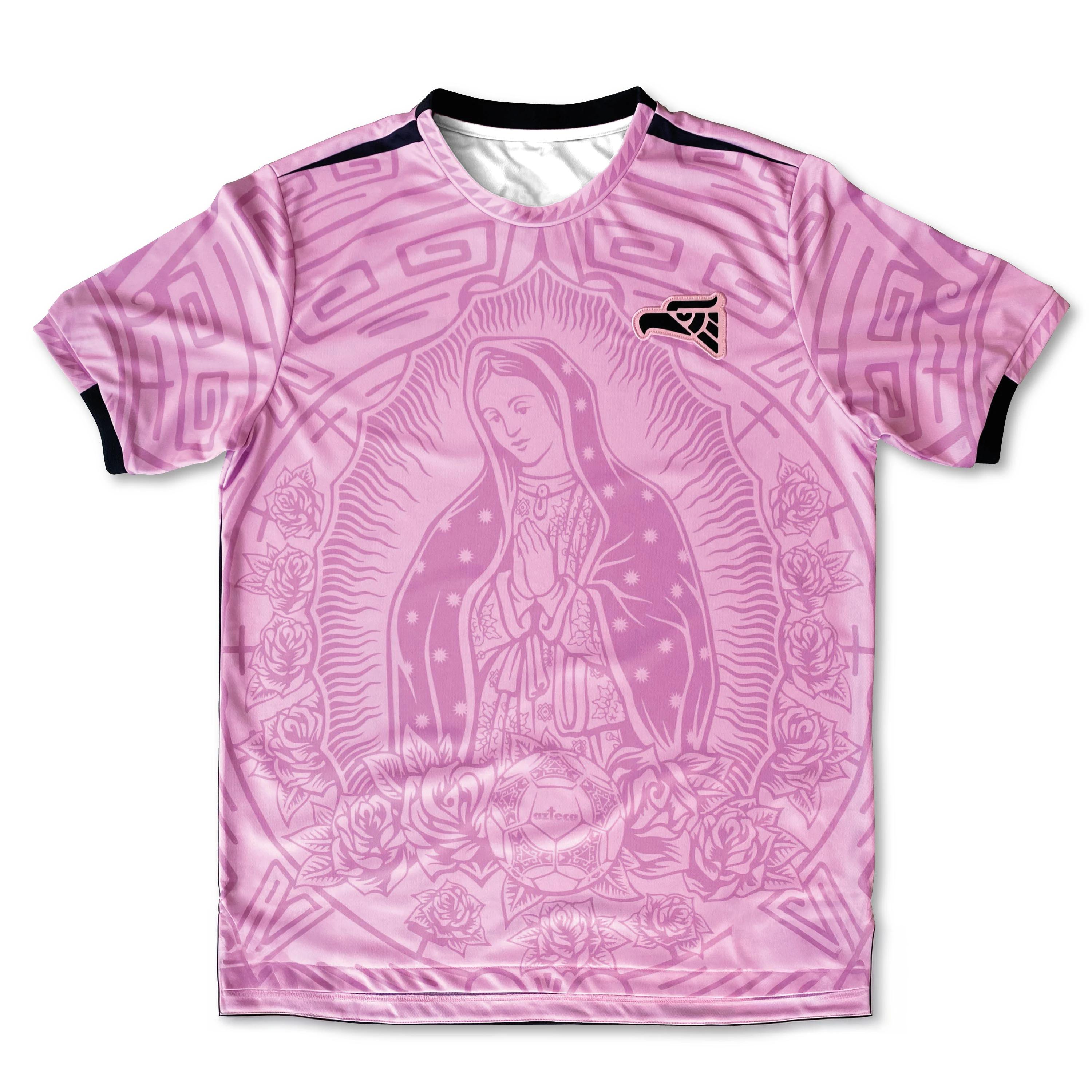 Mexican Virgin Mary Rose Soccer Jersey, Full Vintage Religious Floral Print Quick Dry Top For Trendy Culture Daily Street Wear