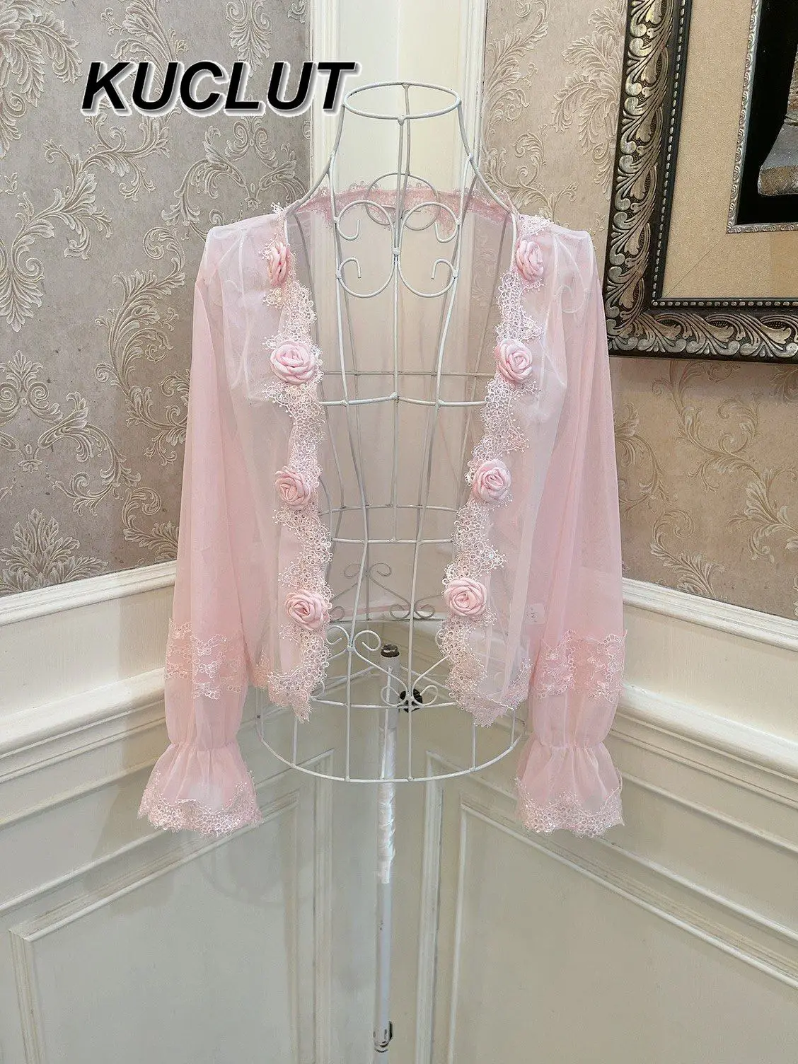 

Нежный кардиган-накидка с цветочным узором и блестящими пайетками, рукава-колокол, кружевная рубашка, свободный крой, защита от солнца, сетчатая ткань