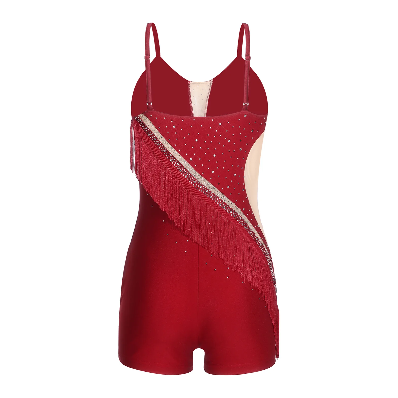 Damski kombinezon do tańca latynoamerykańskiego jazzowego z frędzlami, zdobiony dżetami, z cholewkami typu boy-shorts, idealny do łyżwiarstwa figurowego, tanga i cha-cha.