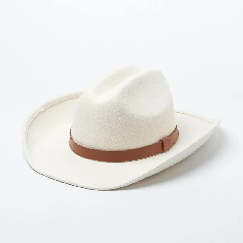 Autumn Winter White Wool Felt Cuffed Cowboy Hat Unisex Wool Felt Jazz Hat Fedora Stage Style Hat