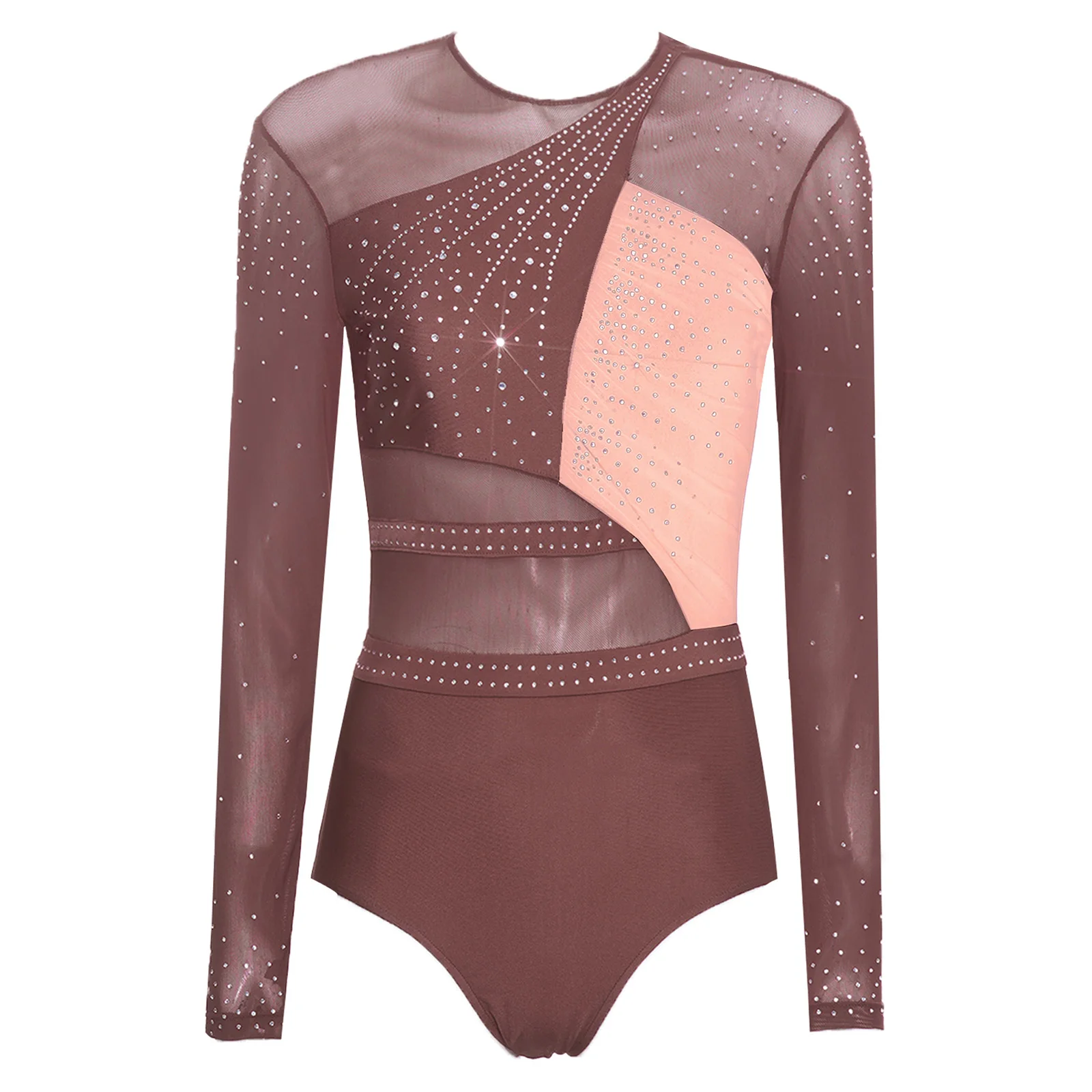 

Womens Gymnastics Jumpsuits Shiny Rhinestones Patchwork Sheer Long Sleeve Color Block Leotards Bodysuit for Ballet Jazz Dance