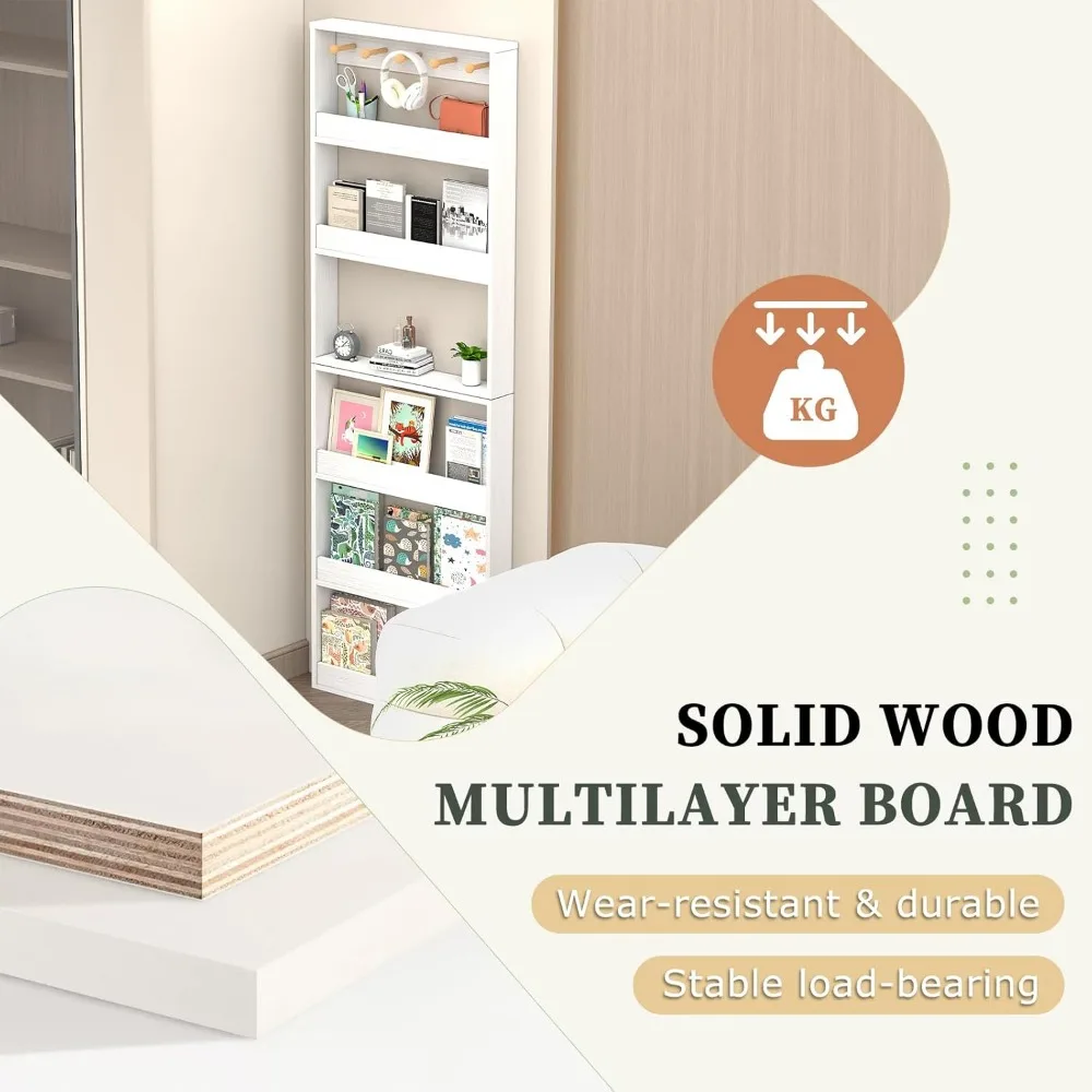 رف عائم قابل للتعديل مكون من 6 طبقات مع قضبان حماية وخطافات، تصميم وحدات قابل للتكديس لتوفير المساحة خلف تخزين الباب