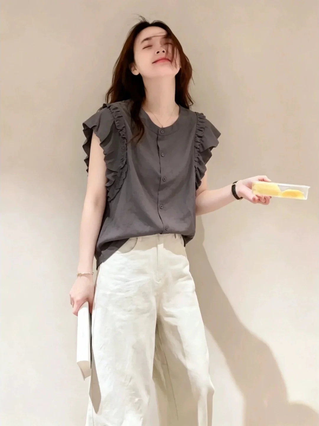 Elegant Fashionable Short Sleeve round Neck Single Button Design Versatile Commute Shirt Korean Style Straight Cut Silk Top
