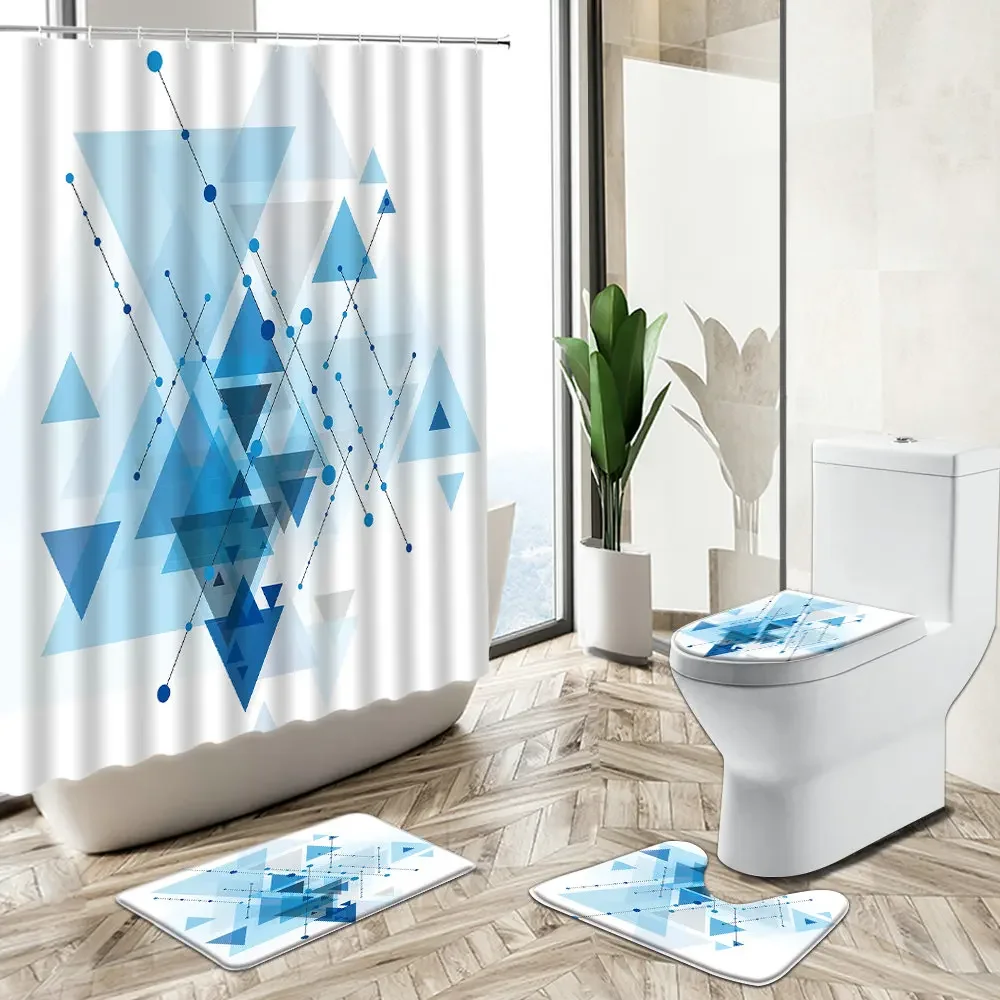 Geometric Abstract Pattern Shower Curtains Colorful Stripes Triangle Circle Design Non-Slip Carpet Toilet Cover Floor Mat Set