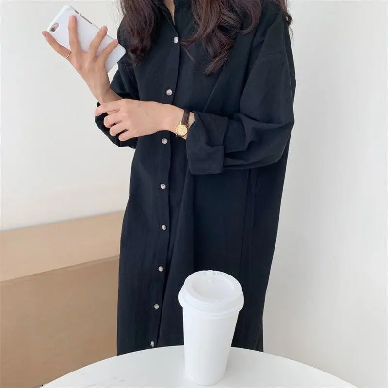 plus Size 300 Pounds Lazy Style Ultra Long Shirt Dress Women's Cotton Thin Outerwear Knee-Length Shirt Dress Korean Version