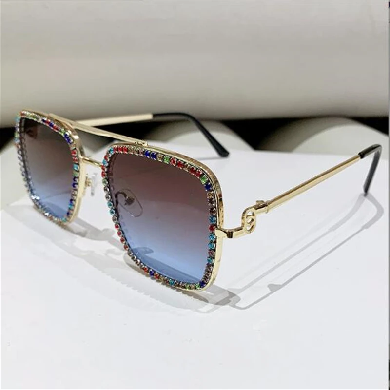 Diamond studded fashionable double beam sunglasses for women 2024 sunscreen users, elegant and beautiful glasses