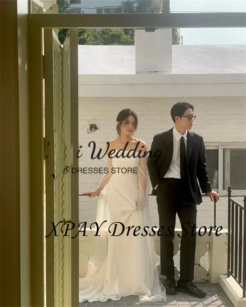 

XPAY Fairy Strapless Mermaid Korea Wedding Dresses Customized Crepe Off Shoulder Long Sleeve Photo Shoot Bridal Reception Gown