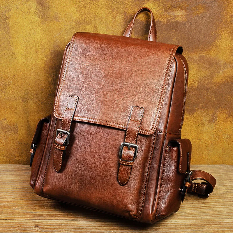 Leather Shoulder Bag Men's Vegetable Tanned Top Layer Cowhide Student Bag Men's Bag Soft Leather Casual Handmade Backpack