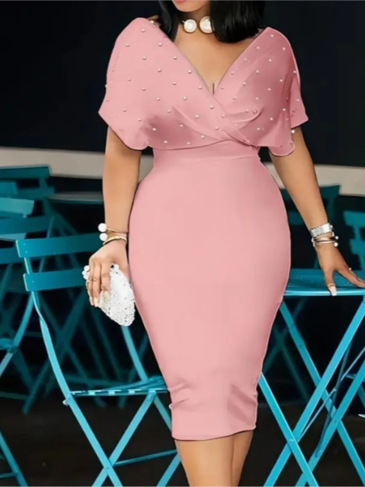 

Fashion Party Dress For Wonen Sexy V Neck Package Hip Elegant Dresses 2025 Srping Summer Lady Solid Color Slim Office Midi Dress