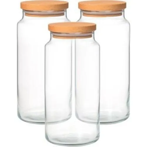 Iliva 3'lü Glass Jar Storage Container Set With Bamboo Lid and Vacuum 1300 ml