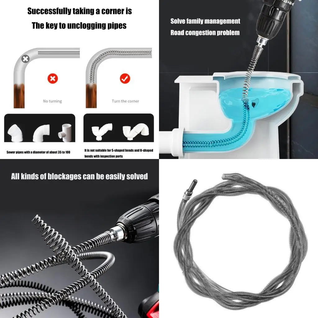 

652F Professional 10mm Thickened Steel Coil Drain Auger For Kitchen Sink Floor Drain Pipe Clog Removal Works With Power Drill