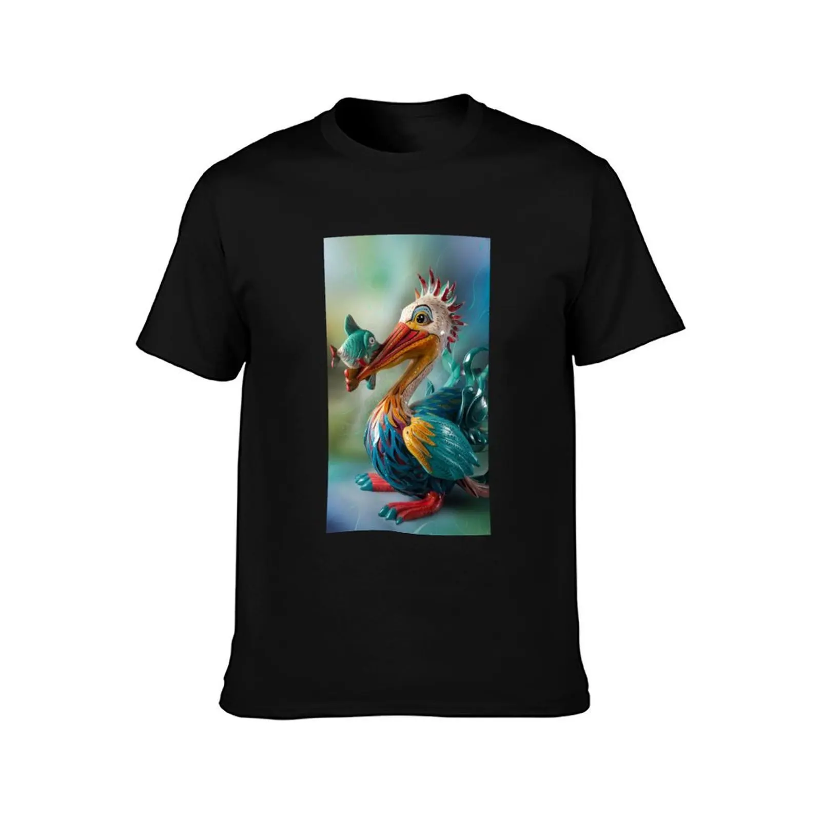 Pelican with Fish in Alebrijes Style T-Shirt Summer Casual Cotton Tee Oversized Streetwear Tops Vintage Graphic Print