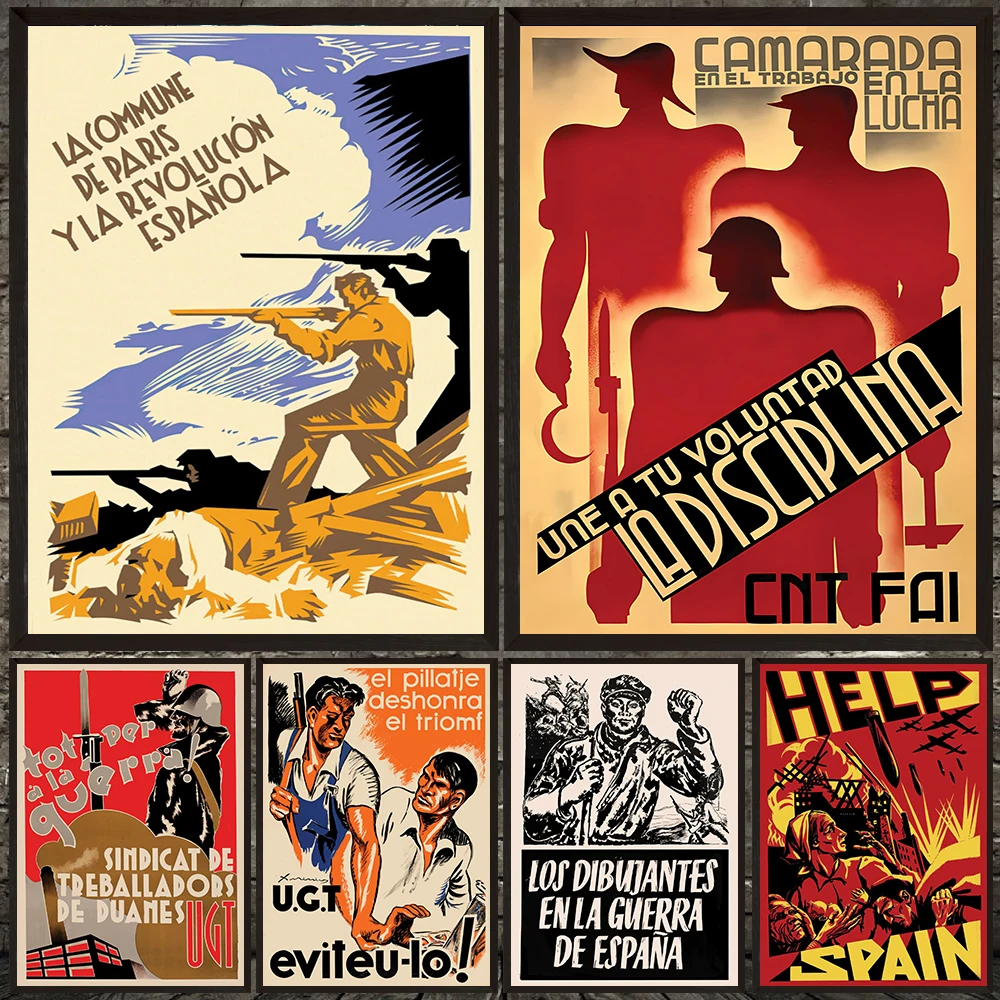 Vintage Spanish Civil War CNT UGT Anarchist Propaganda Poster Canvas Print,Republican Revolutionary Wall Art,Antiques Home Decor