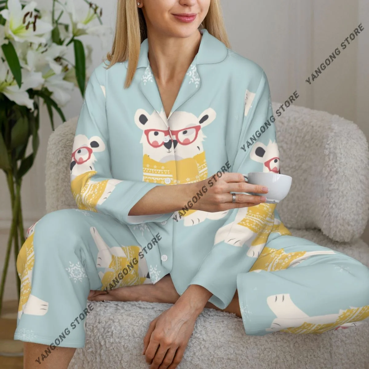 

Spring and Autumn Pajama Set Women's Long Sleeve Pants Two Piece Cute Winter Bears Home Furnishing Set