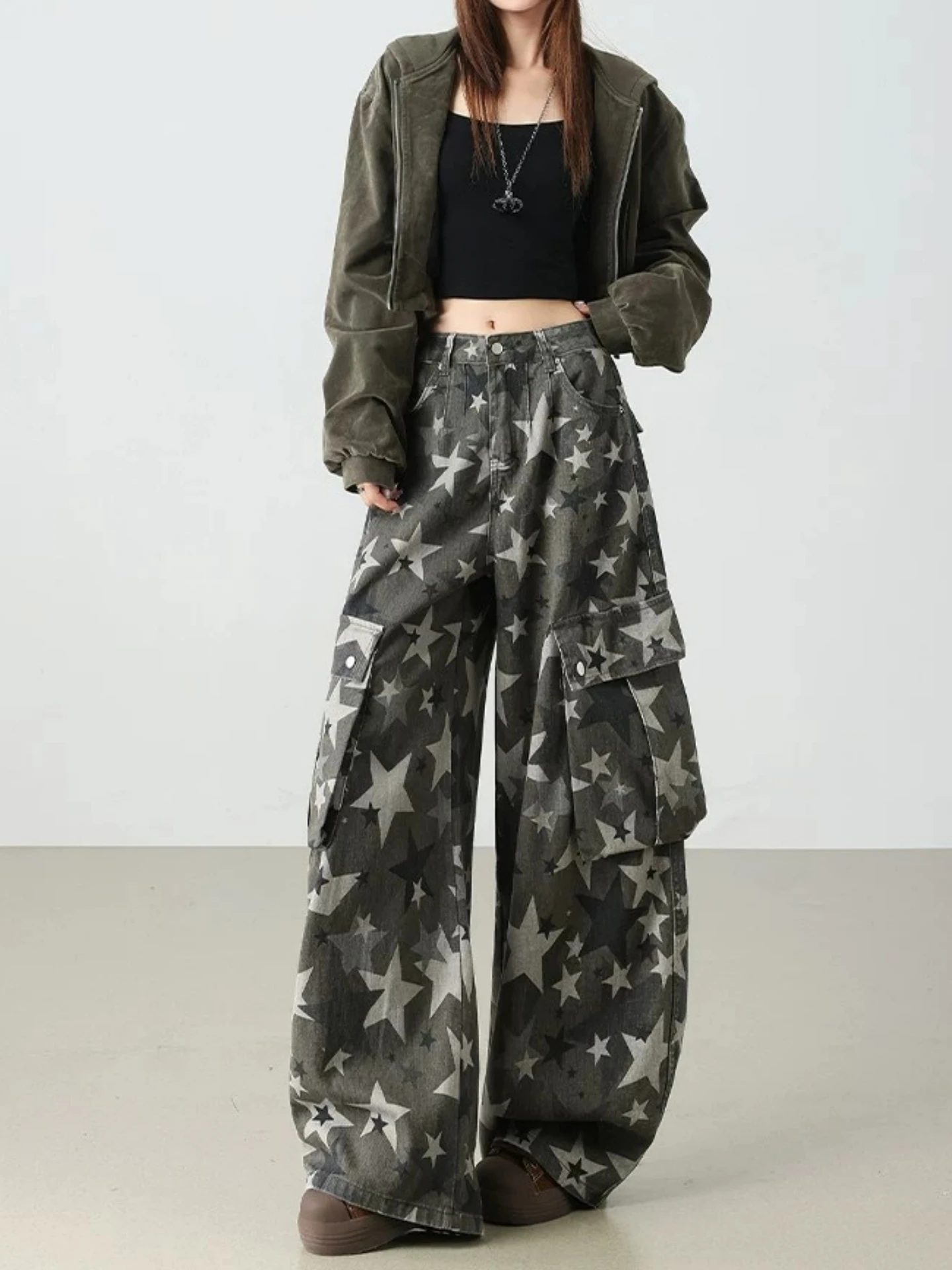 American Style High Waist Wide Leg Jeans Women's Autumn New Loose Slimming Knife  Micro Flared Casual Camouflage Workwear