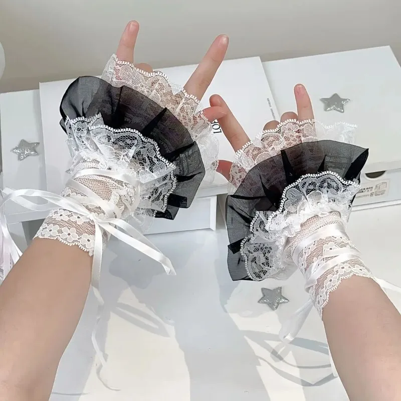 Black White Goth Women Kawaii Lolita Fingerless Gloves Lace Wrist Cuffs Party Fishnet Hand Gloves Tie Up Print Sheer Oversleeves