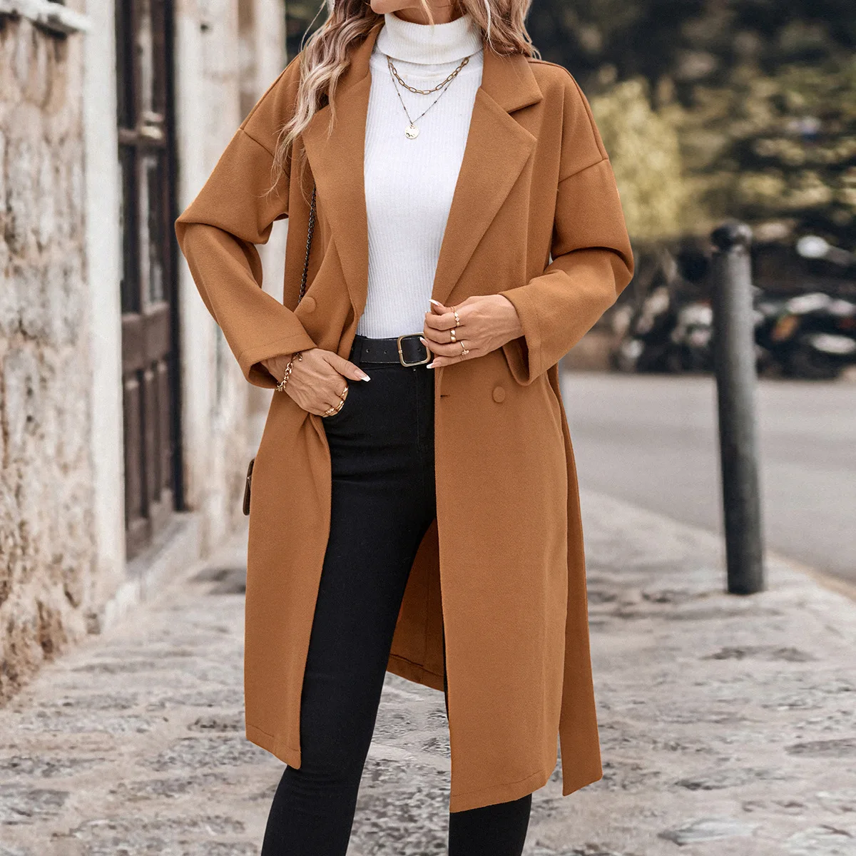 Women's Lace Up Extended Style Fashionable Temperament Solid Color Woolen Coat for Women