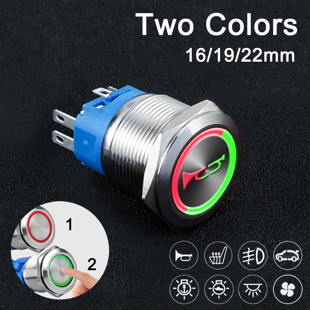 16/19/22MM Customized Two-color Metal Push Button Switch Waterproof LED Light Latching/Momentary Horn Fan for Car Boat 12V 24V