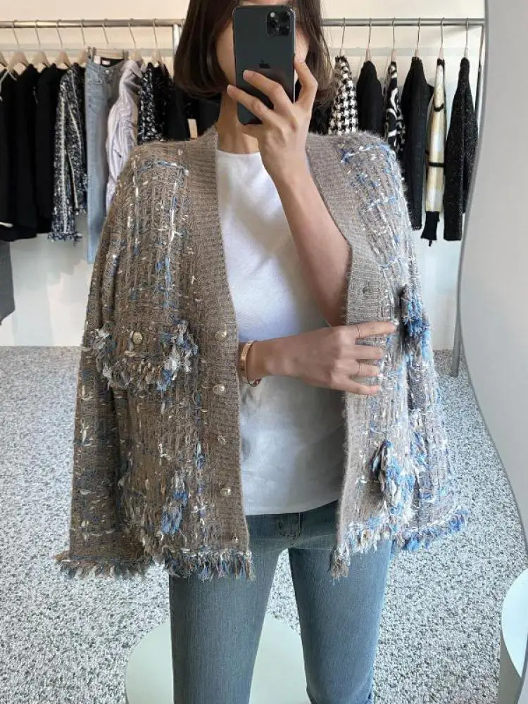 

Korean Women's Black Khaki Tassel Patchwork Elegant Vacation Sweater Autumn Winter Long Sleeves Knitting Versatile Cardigan Tops