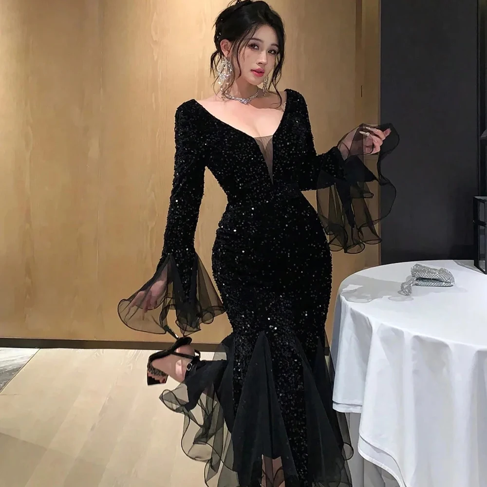 Customized Black O-neck Jersey Evening Dress Sparkly Sequined Full Sleeves Ruched Party Prom Tea-Length Prom Dress For Women