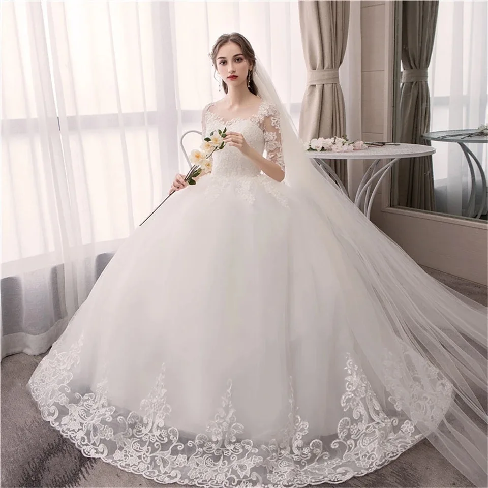 Vestidos De novia clásicos blancos con cuello redondo, apliques De media manga, ilusión, tren De barrido, Vestido De baile, vestidos De novia personalizados