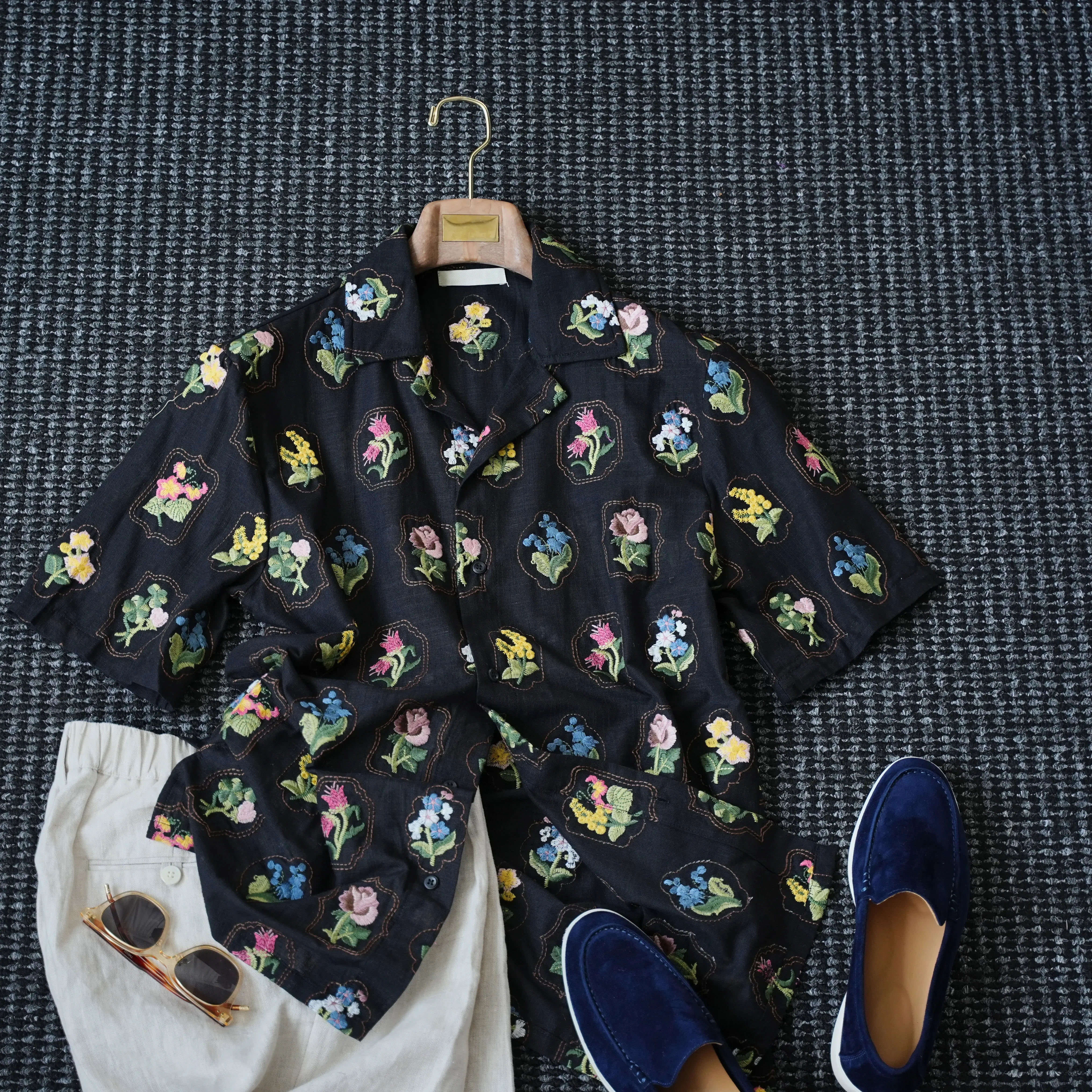 Summer heavy industry embroidery beach vacation Cuban collar shirt men's casual refreshing shirt