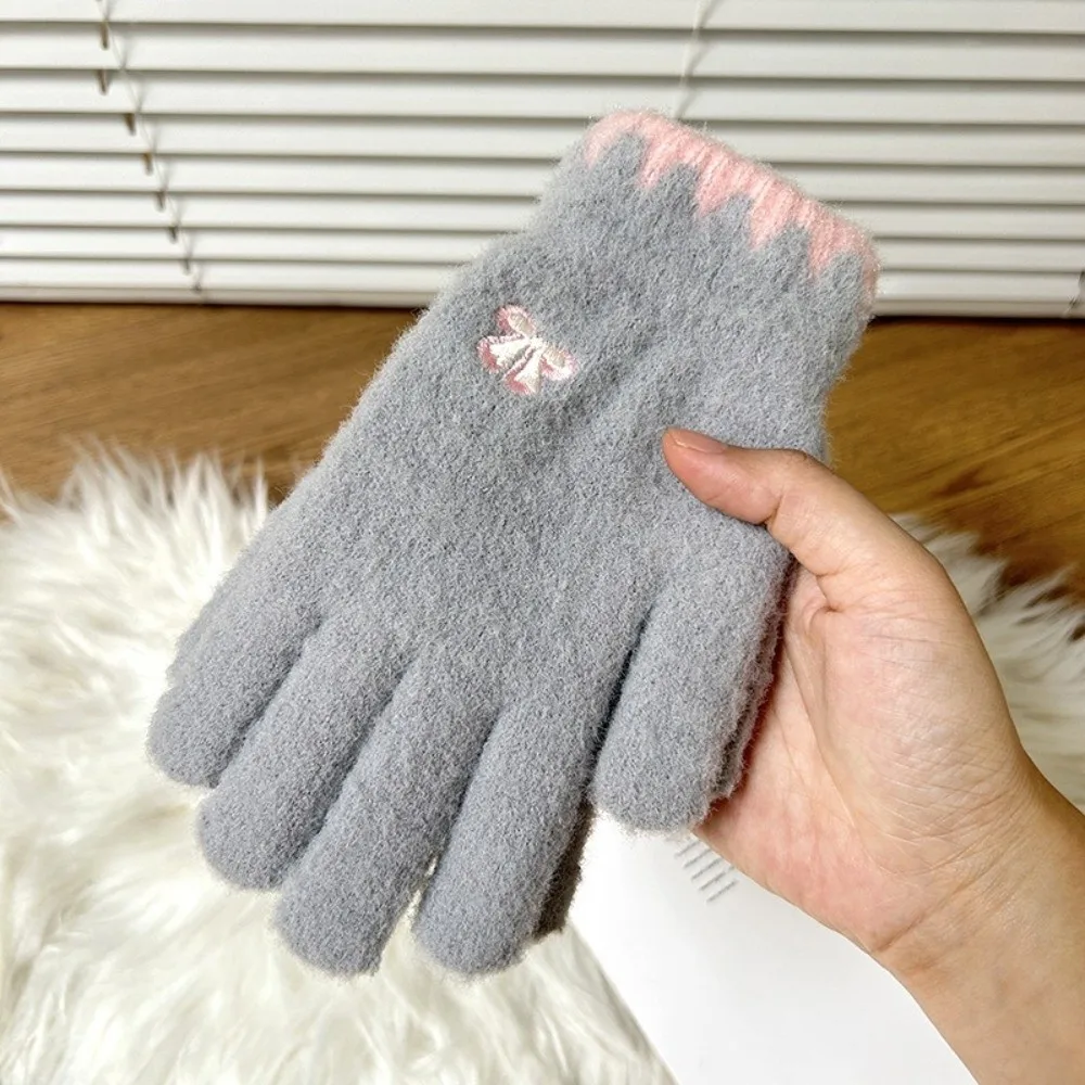 One Tip Touch Screen Gloves Bow Embroidered Polyester Warm Full Finger Gloves Windproof Cold Proof Winter Knitted Gloves