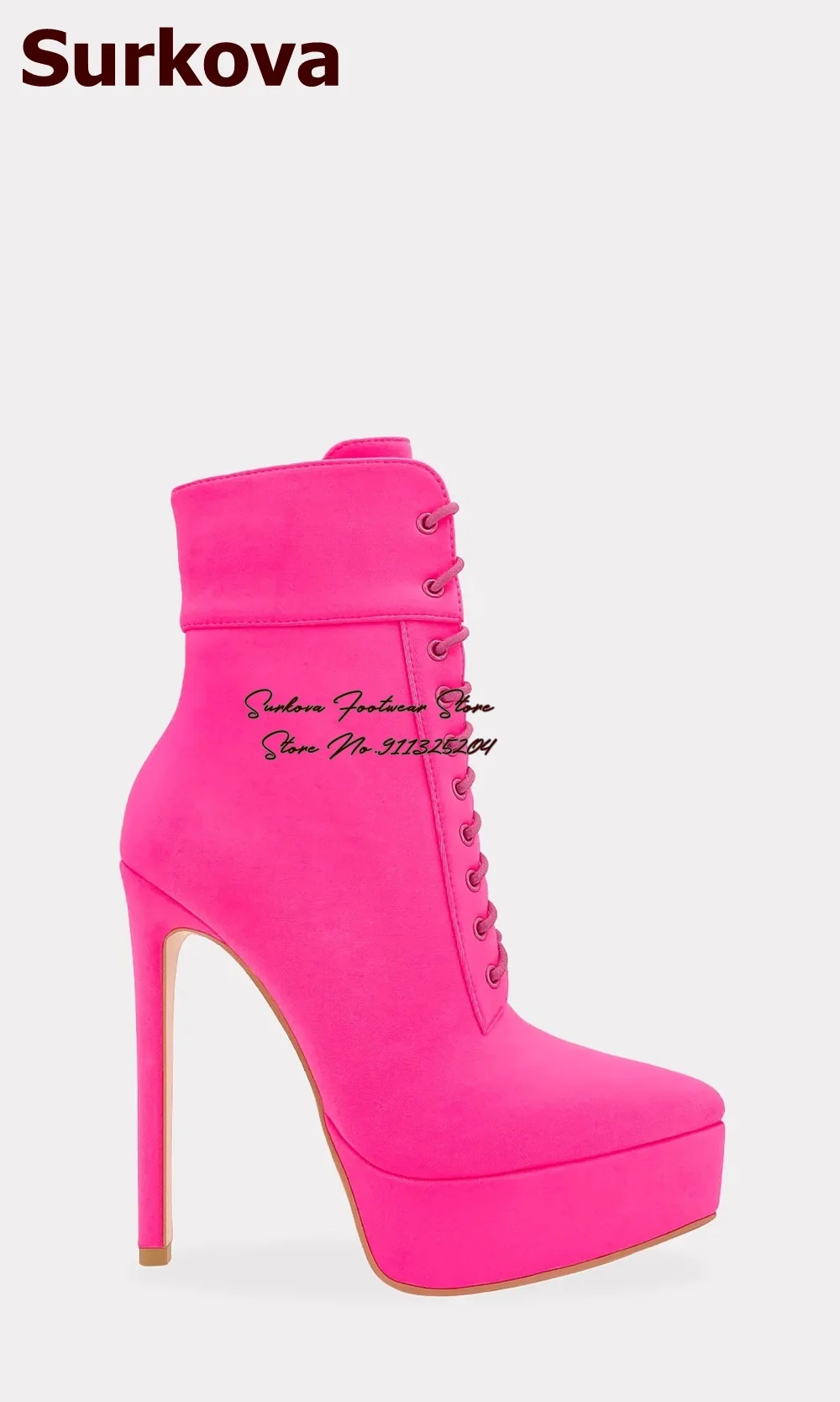 Surkova Neon Yellow Pink Lycra Fabric Stiletto Heel Ankle Boots Platform Pointed Toe Lace-up Short Booties Elegant Dress Shoes