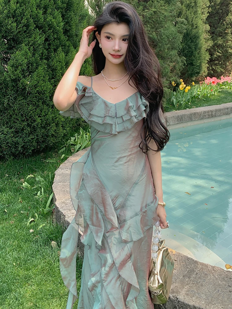 여성 그린 패치워크 러플 V넥 슬링 섹시 드레스 2025 한국 빈티지 럭셔리 댄스 파티 드레스 여름 우아한 이브닝 드레스