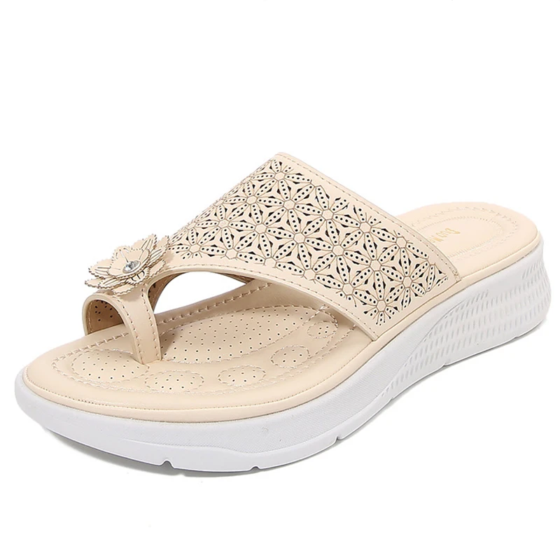 Women's Hollow Out Design T-strap Sandals, Trendy Slip On Arch Support Thong Sandals, Women's Wedge Sandals