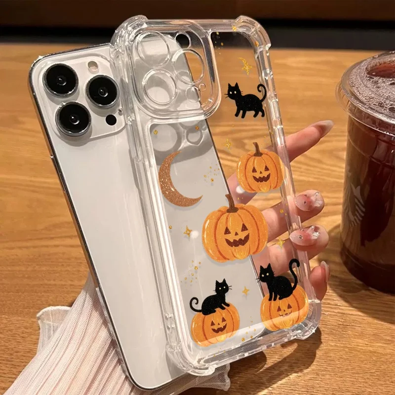 Transparent Gothic Black Cat Pumpkin Phone Case For Samsung Galaxy A55 A57 S26 S24 S25 Ultra S23 Plus A55 A37 A36 A17 A27 Cover