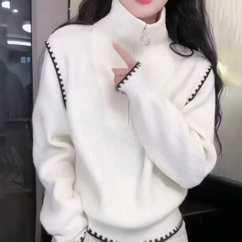 

Autumn And Winter New Semi-Zipper Sweater Turtle Neck Women's Joker Loose Padded Knit Top
