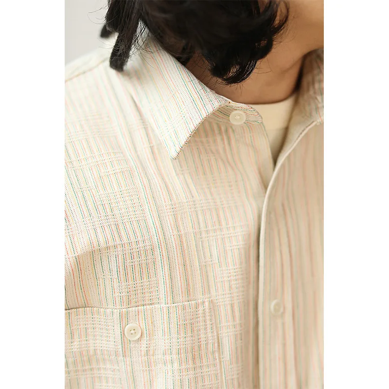 Amekaji Cotton Beige Casual Shirt For Men Vertical Striped Shirt American Vintage Classic Simple Men's Shirt 300g