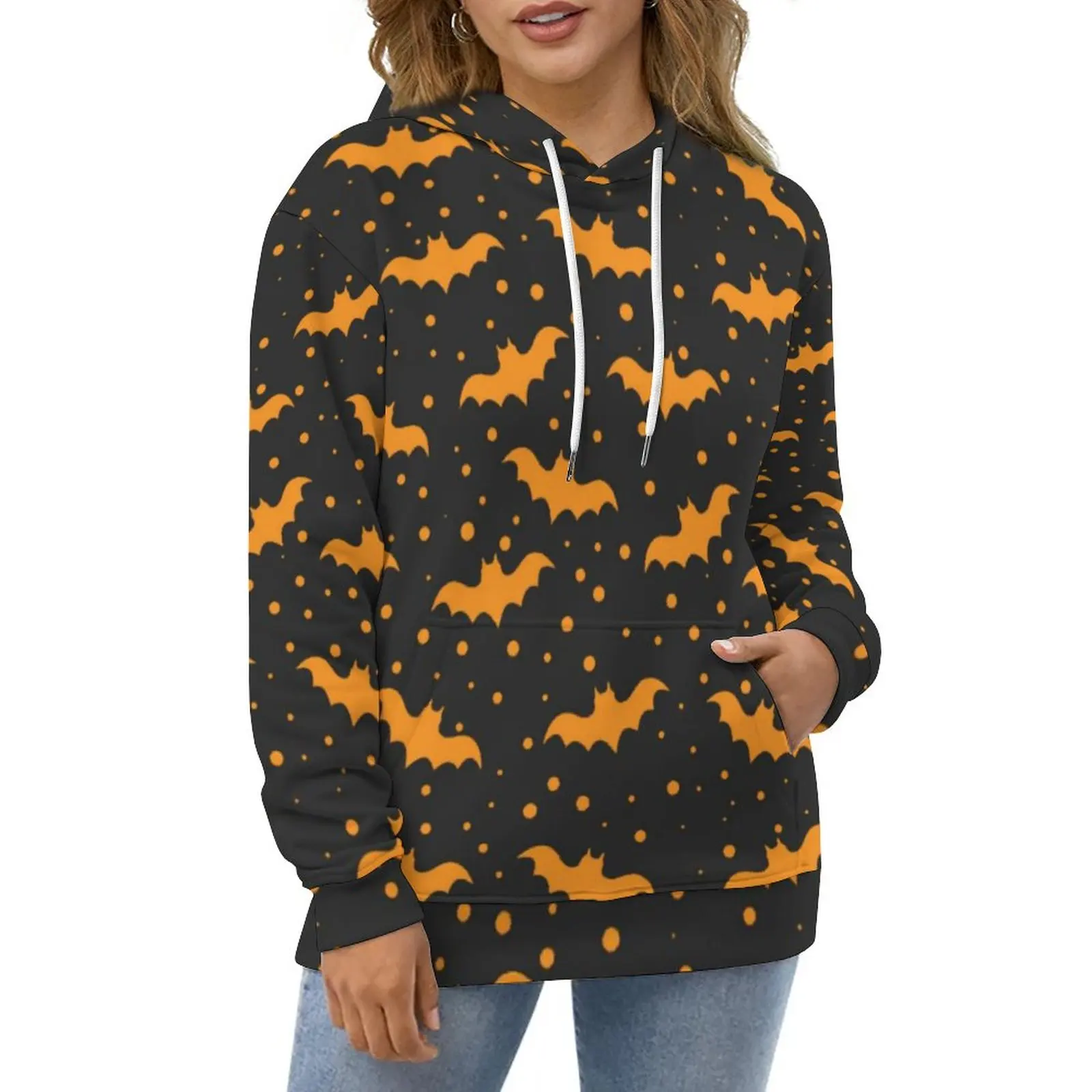 

Halloween Bat Casual Hoodies Orange Dots Print Y2k Graphic Loose Hoodie Autumn Long-Sleeve Harajuku Oversized Sweatshirts Gift