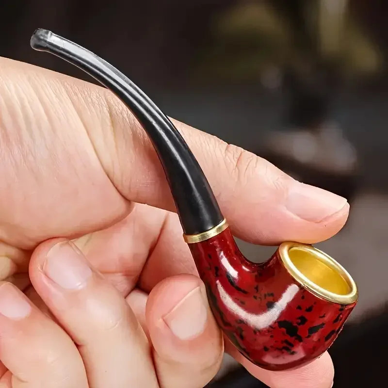 1pc-New Imitation Wood Pipe Men's Classic Resin Pipe Old-Fashioned Dry Pipe Portable Copper Pot Bent Cigarette Pipe