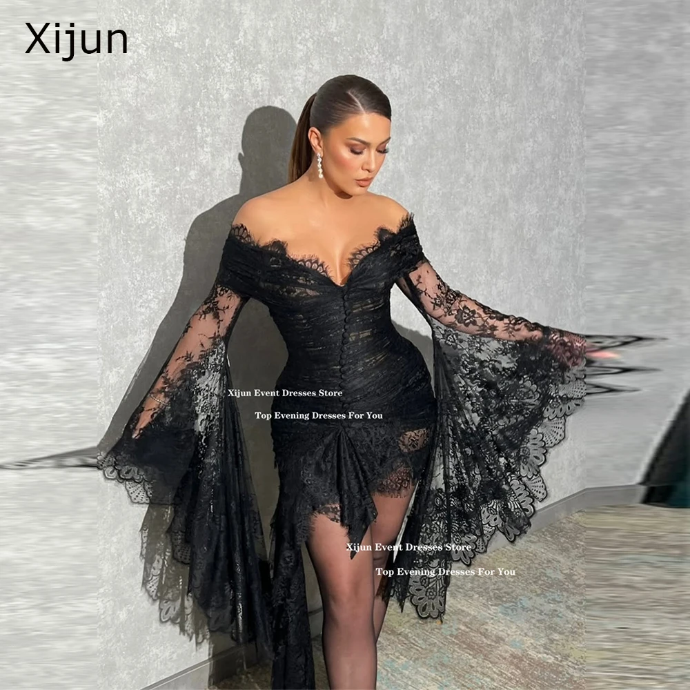 Xijun Sexy Black Lace Short Evening Dresses Off The Shoulder Batwing Cocktail Dresses Birthday Party Gowns Plus Size Customized