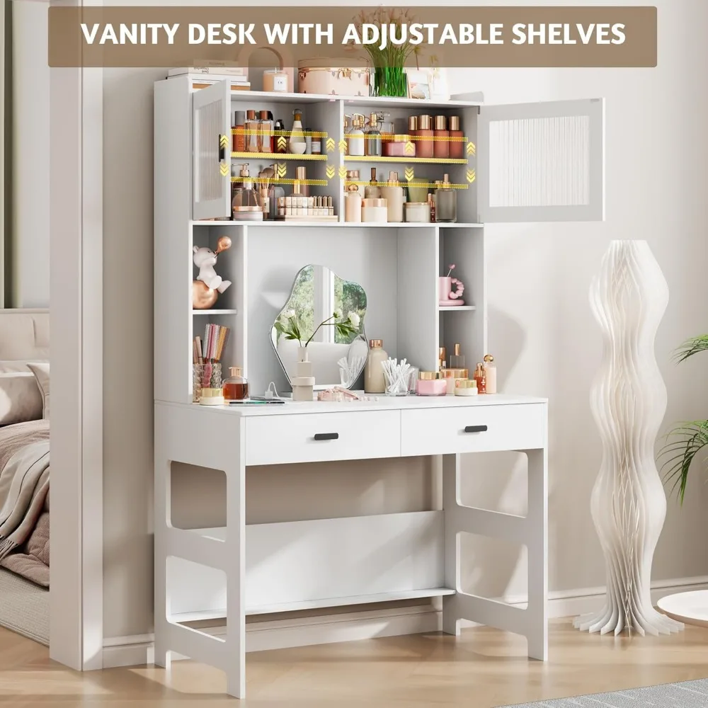 مكتب مكتب منزلي خشبي حديث 40 مزود بخزانة وأرفف تخزين مضاءة LED وأدراج لمكاتب الكمبيوتر #6