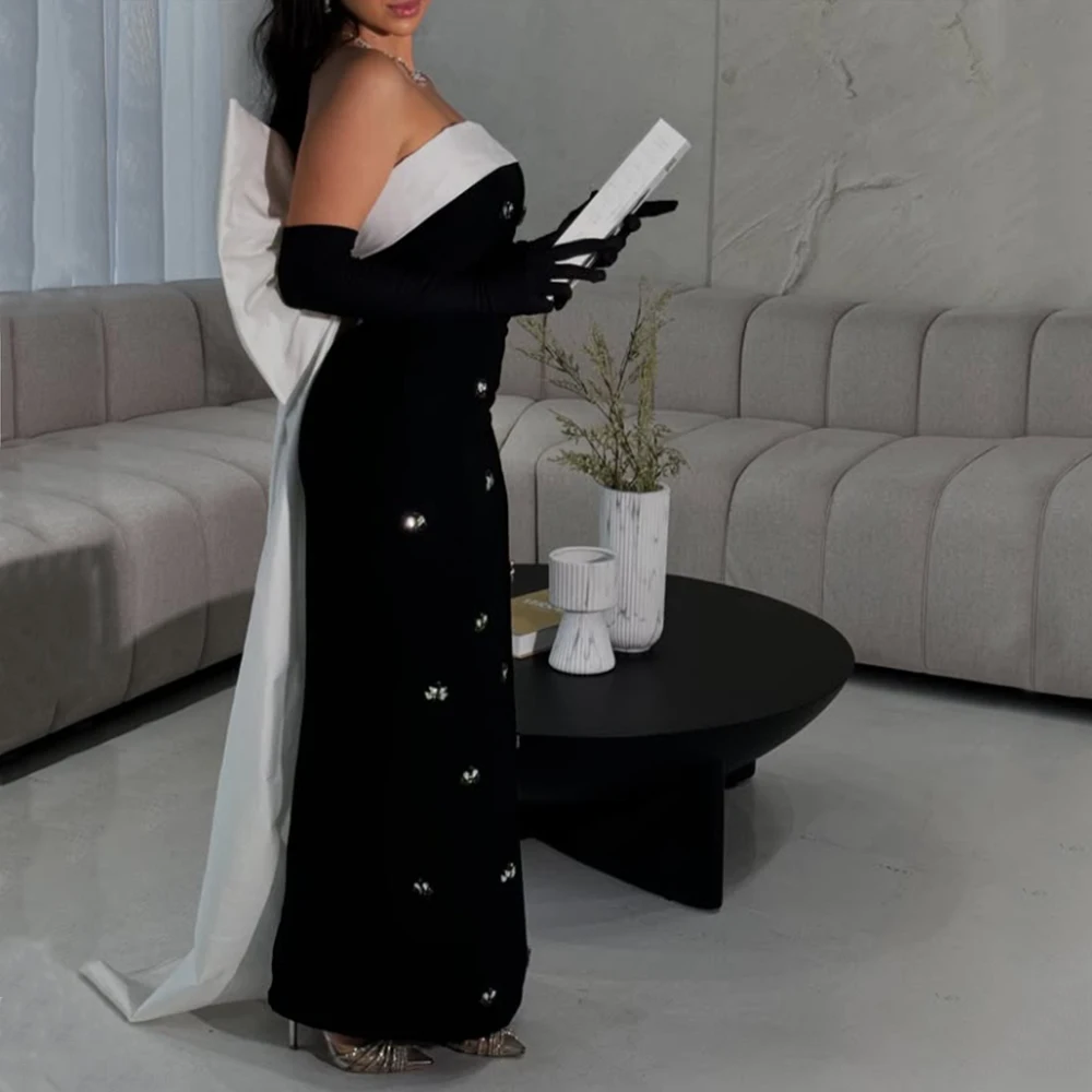 

Customized Black Strapless Straight Evening Dress Contrast Color With Big Bow Crystal Ankle Length Backless Party Prom Gown