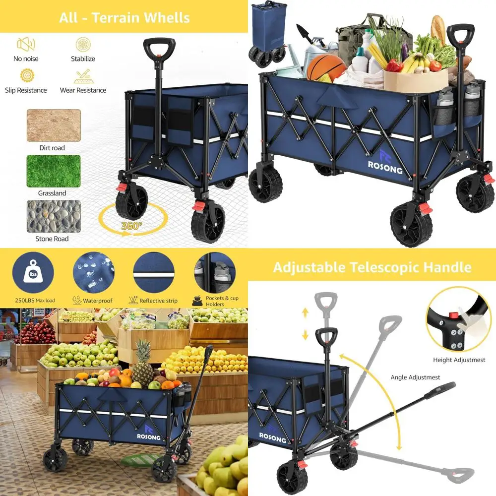 食料品、スポーツ、庭、ショッピング、キャンプ用の車輪付き頑丈な折りたたみ式ワゴン（ネイビーブルー、150L）