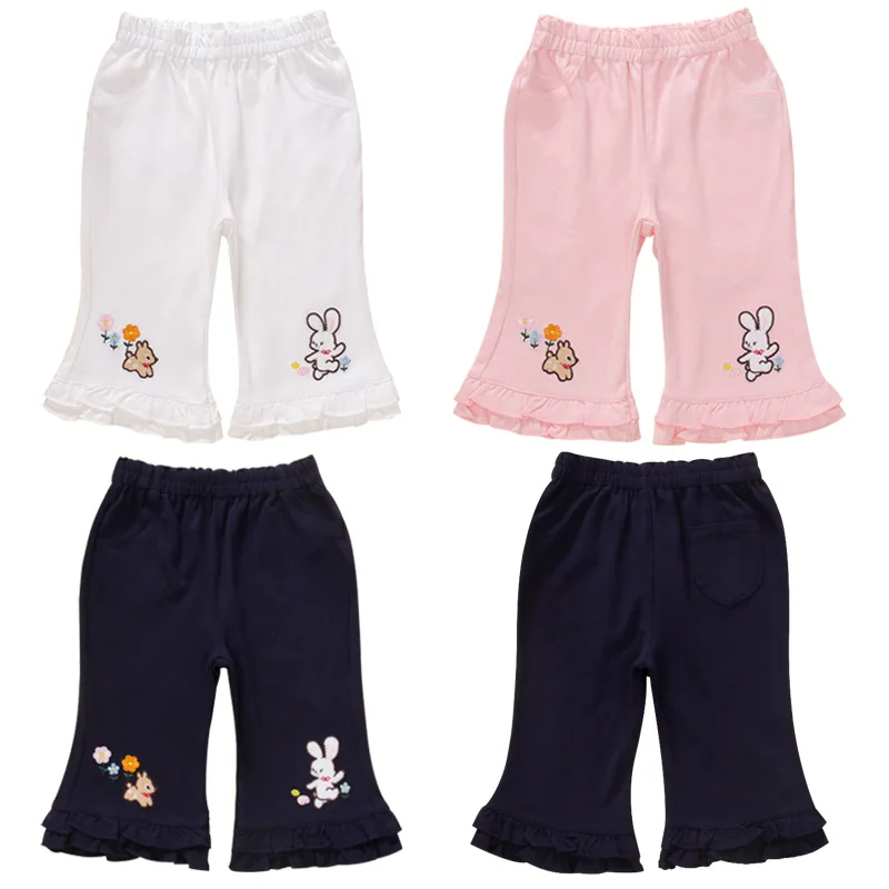 Girls Kawaii Cropped Trousers Rabbit Flower Embroidery Flare Bell Bottom Pants Kids Cute Cartoon Lace Trim 2026 Summer Spring