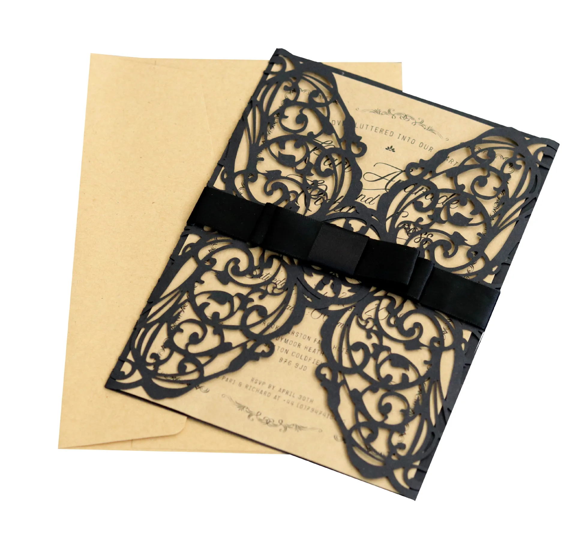 Black Invitation Cards With Ribbon For Wedding & Engagement Christening & Baptism,50Pcs