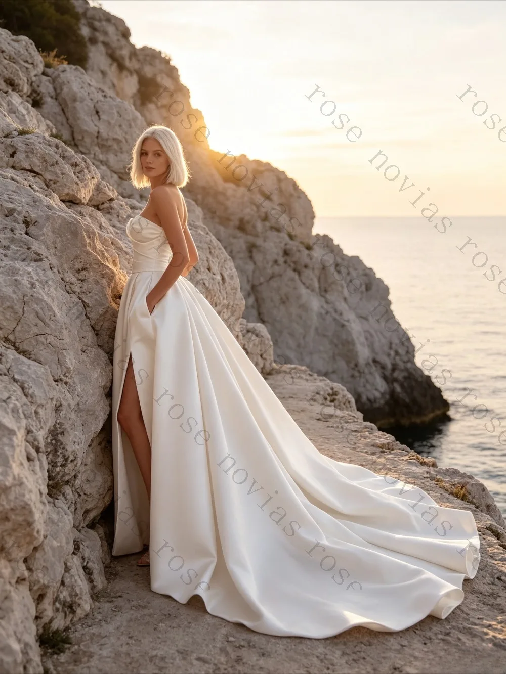 Customized Sweetheart A-line Bridal Gown Strapless Satin Hidden Pockets High Slit Cathedral Train Elegant Formal Bride Dress