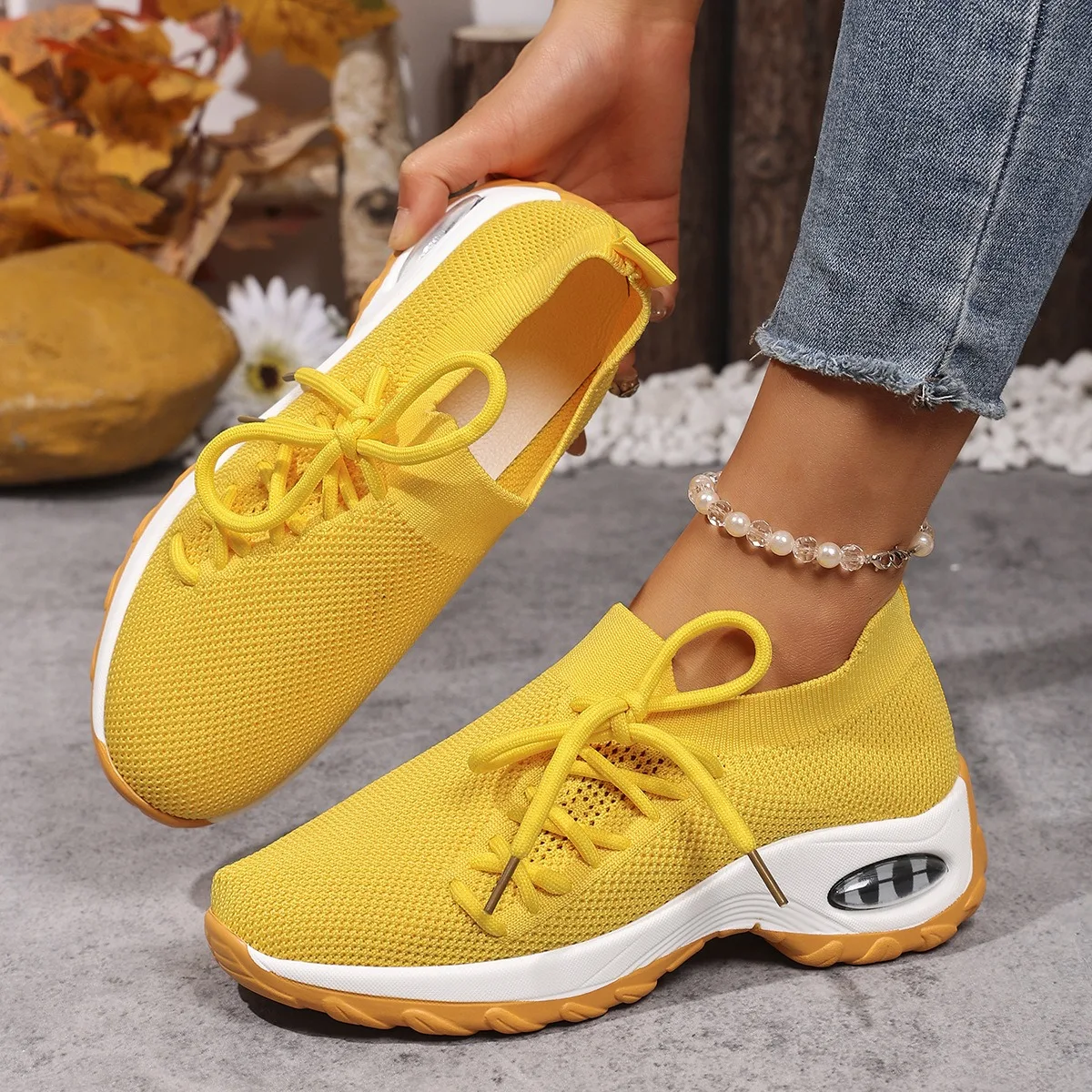 Damskie sneakersy na platformie, buty do biegania z grubą podeszwą i amortyzacją, dzianinowe, siateczkowe, sznurowane buty sportowe, damskie buty do chodzenia.