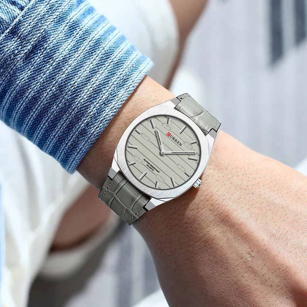 CURREN 8480 luminous alloy case men's quartz watch genuine leather strap 3ATM waterproof watch